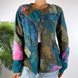 Vintage 90s Blue Floral Fairycore Patchwork Bohemian Artsy Mermaid Jacket / M